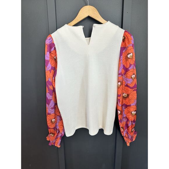 THML blouse With Cream Ribbed Body Orange Floral Balloon Sleeves - Size Small - Picture 7 of 8